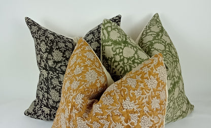 Long lumbar block print pillow, green floral pillow, green block print cushion, Indian fabric, blue fringe pillow