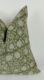 green floral block print pillow, green floral pillow, green block print cushion