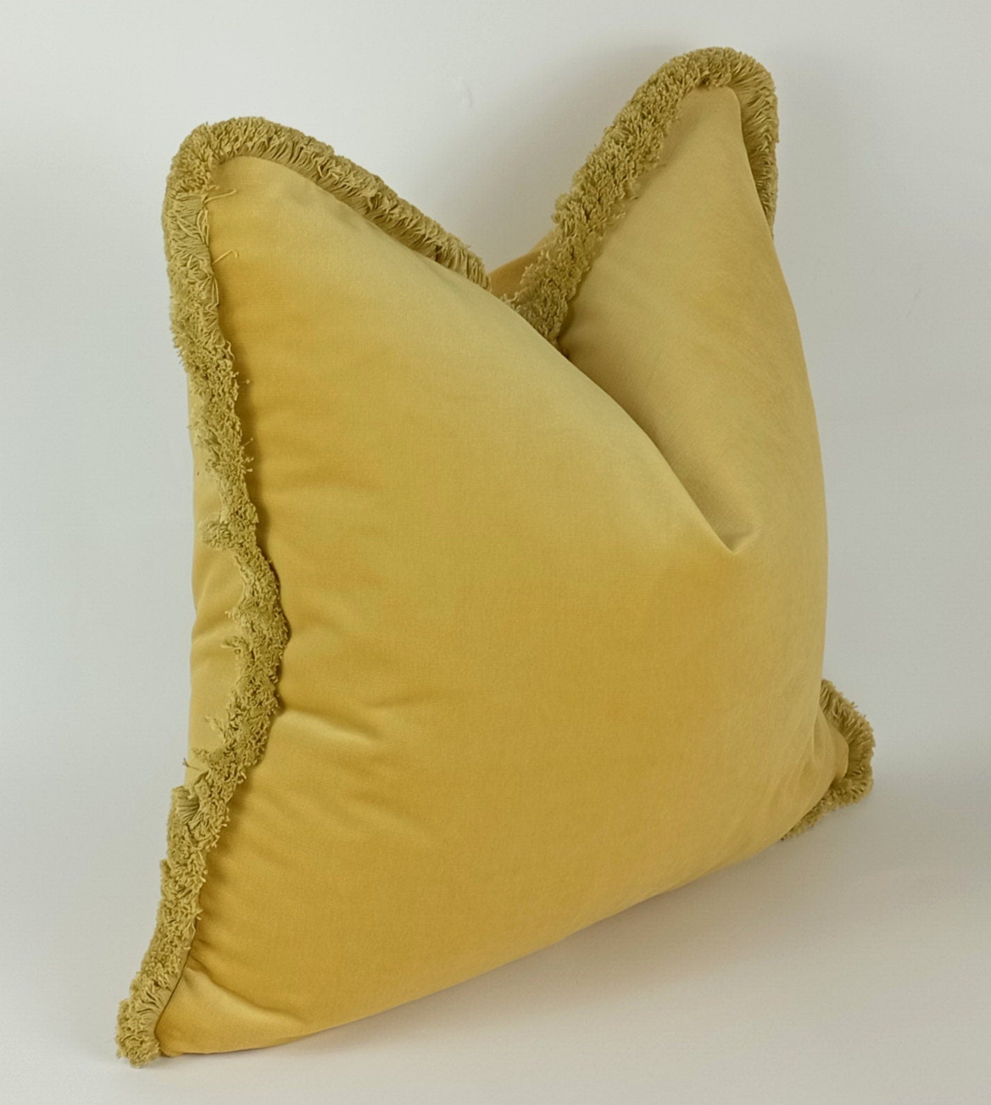 Yellow brush fringe pillow cover, yellow velvet brush fringe cushion, yellow cushion with brush fringe trim, brush fringe pillow