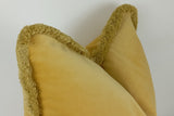 Yellow brush fringe pillow cover, yellow velvet brush fringe cushion, yellow cushion with brush fringe trim, brush fringe pillow