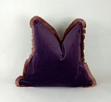 Purple velvet pillow, purple and pink pillow,  plum velvet cushion, purple cushion with brush fringe trim
