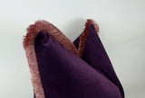 Purple velvet pillow, purple and pink pillow,  plum velvet cushion, purple cushion with brush fringe trim
