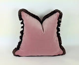 pink velvet brush fringed pillow, pink velvet cushion, pink and brown pillow, pink finged pillow, pink brush fringe, pink velvet pillow
