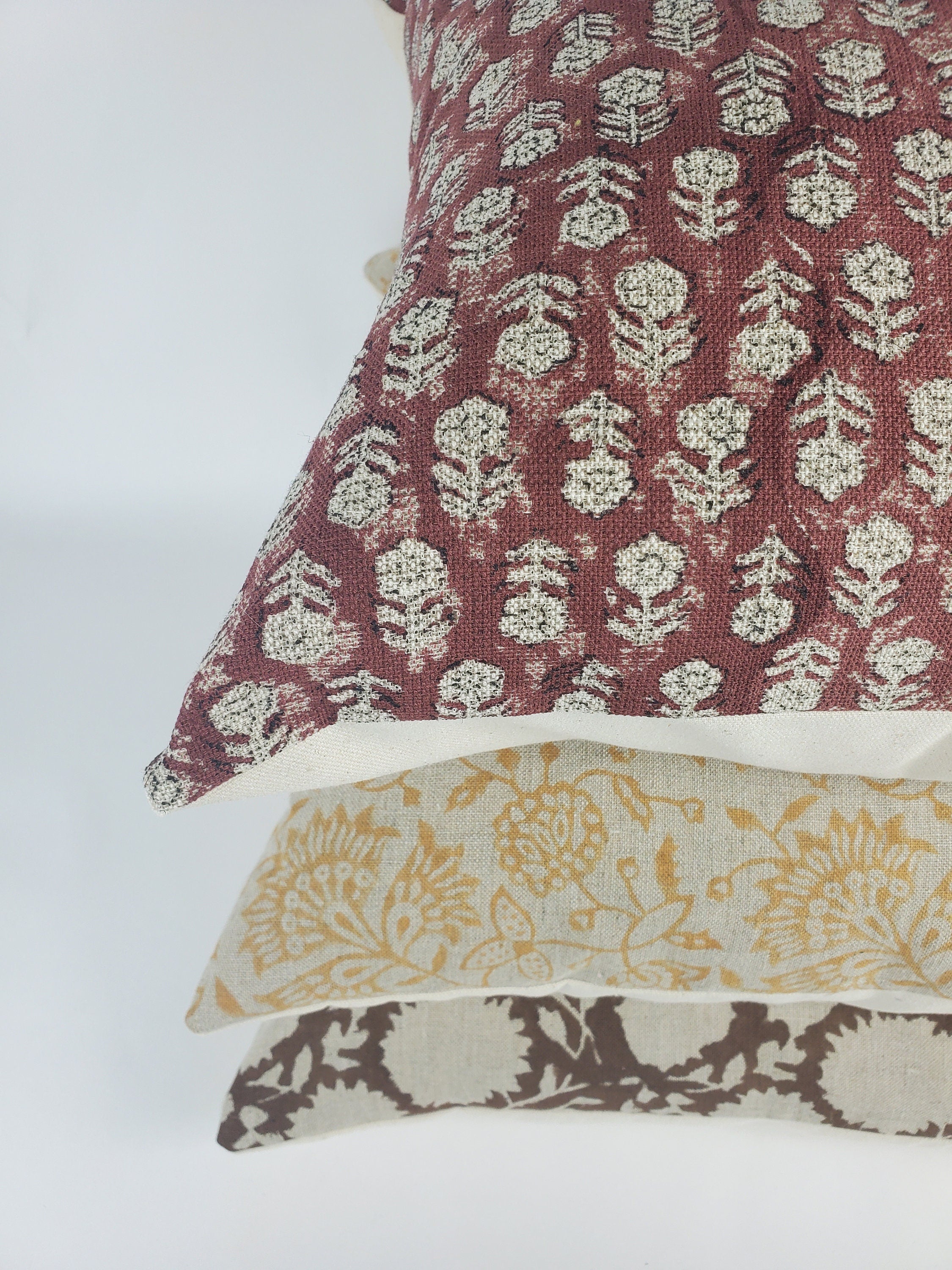 Rust block print pillow, block print red floral pillow, block print cushion, neutral throw pillow, designer pillow