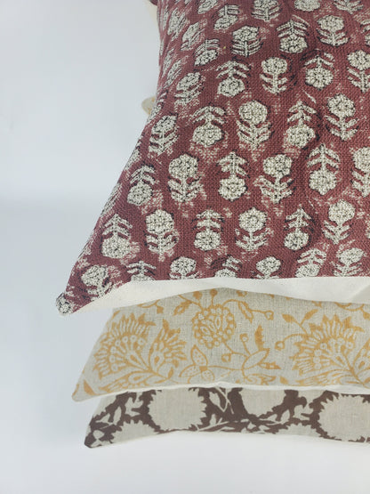 Rust block print pillow, block print red floral pillow, block print cushion, neutral throw pillow, designer pillow