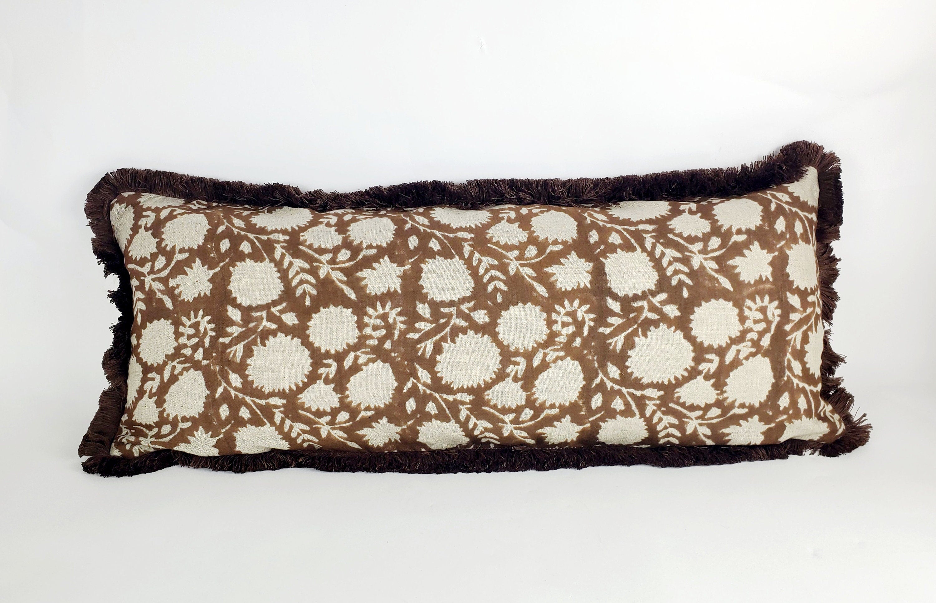 Brown block print pillow, chocolate brown floral pillow, brown block print cushion, Indian fabric, brown fringe pillow