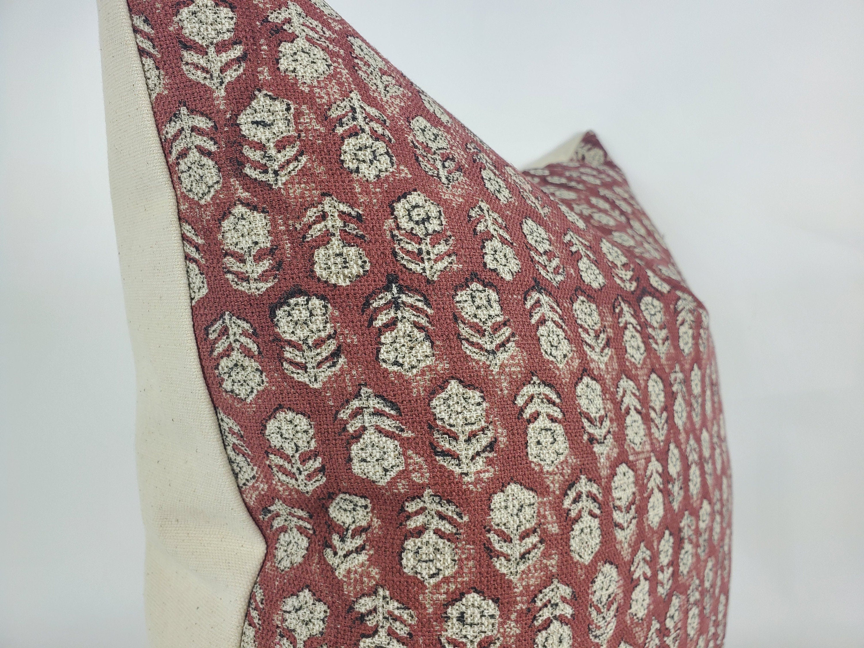 Rust block print pillow, block print red floral pillow, block print cushion, neutral throw pillow, designer pillow