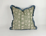 Long lumbar block print pillow, green floral pillow, green block print cushion, Indian fabric, blue fringe pillow