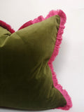 Moss green with pink fringe pillow, green and pink velvet cushion, velvet fringe pillow, green and pink cushion