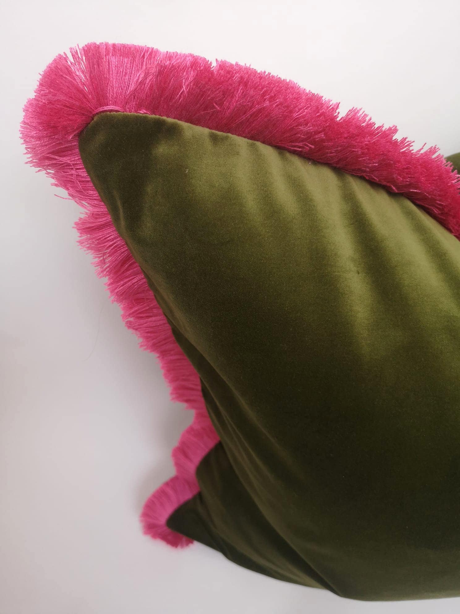 Moss green with pink fringe pillow, green and pink velvet cushion, velvet fringe pillow, green and pink cushion