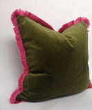 Moss green with pink fringe pillow, green and pink velvet cushion, velvet fringe pillow, green and pink cushion