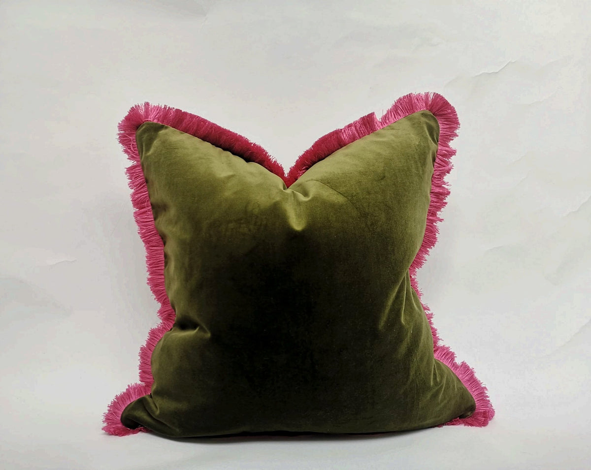 Moss green with pink fringe pillow, green and pink velvet cushion, velvet fringe pillow, green and pink cushion