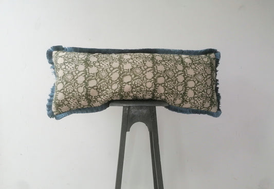 Long lumbar block print pillow, green floral pillow, green block print cushion, Indian fabric, blue fringe pillow