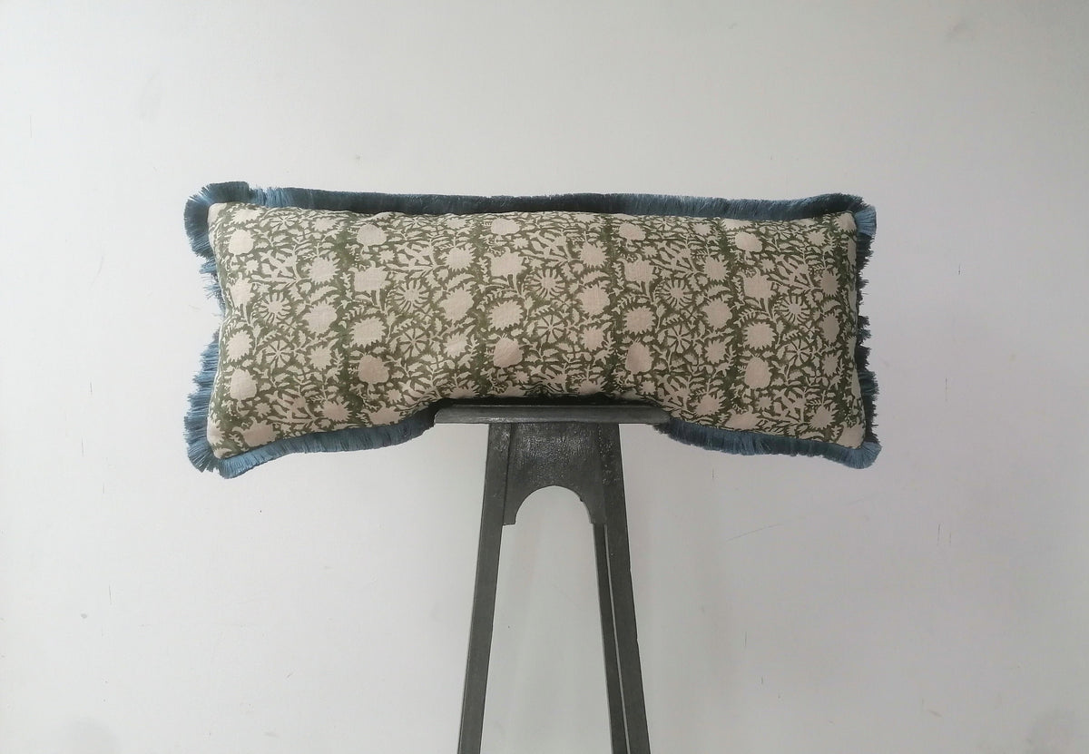 Long lumbar block print pillow, green floral pillow, green block print cushion, Indian fabric, blue fringe pillow