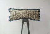 Long lumbar block print pillow, green floral pillow, green block print cushion, Indian fabric, blue fringe pillow