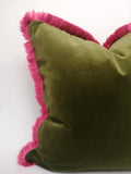 Moss green with pink fringe pillow, green and pink velvet cushion, velvet fringe pillow, green and pink cushion