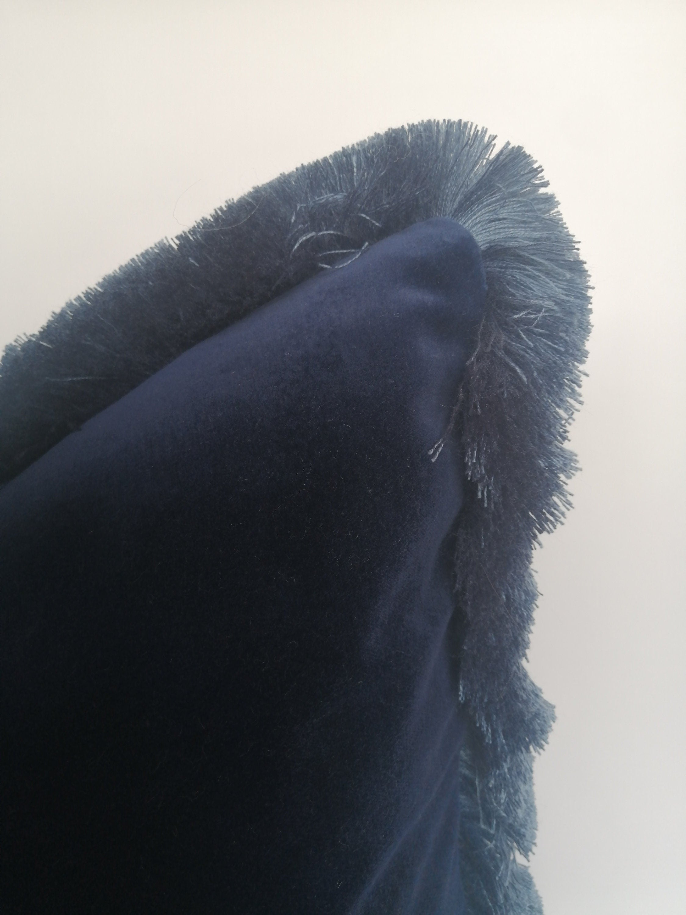 Midnight blue brush fringe pillow // midnight blue velvet pillow // velvet fringed cushion