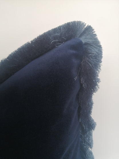 Midnight blue brush fringe pillow // midnight blue velvet pillow // velvet fringed cushion